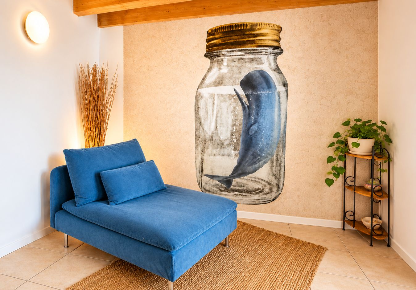 Et værelse med blå sofa, vægmaleri af et glas med fisk, en plante på en hylde og et vævet tæppe.