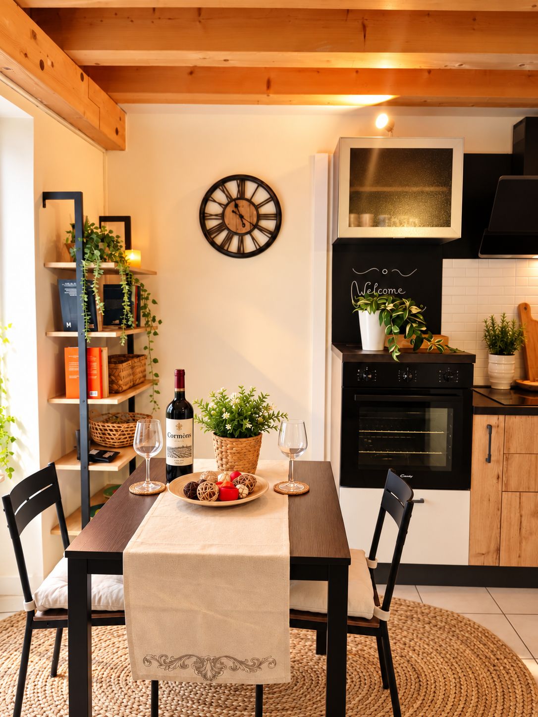 A cozy kitchen with a wooden table, chairs, a clock, and a welcome sign.