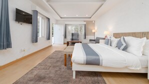 A modern hotel room with a large bed, a flat-screen TV mounted on the wall, and a view of the outdoors through the windows. - Syona Resort (Mussoorie)