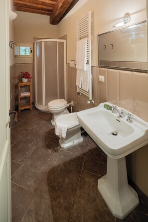 Douche, séchoir à cheveux, bidet, serviettes fournies