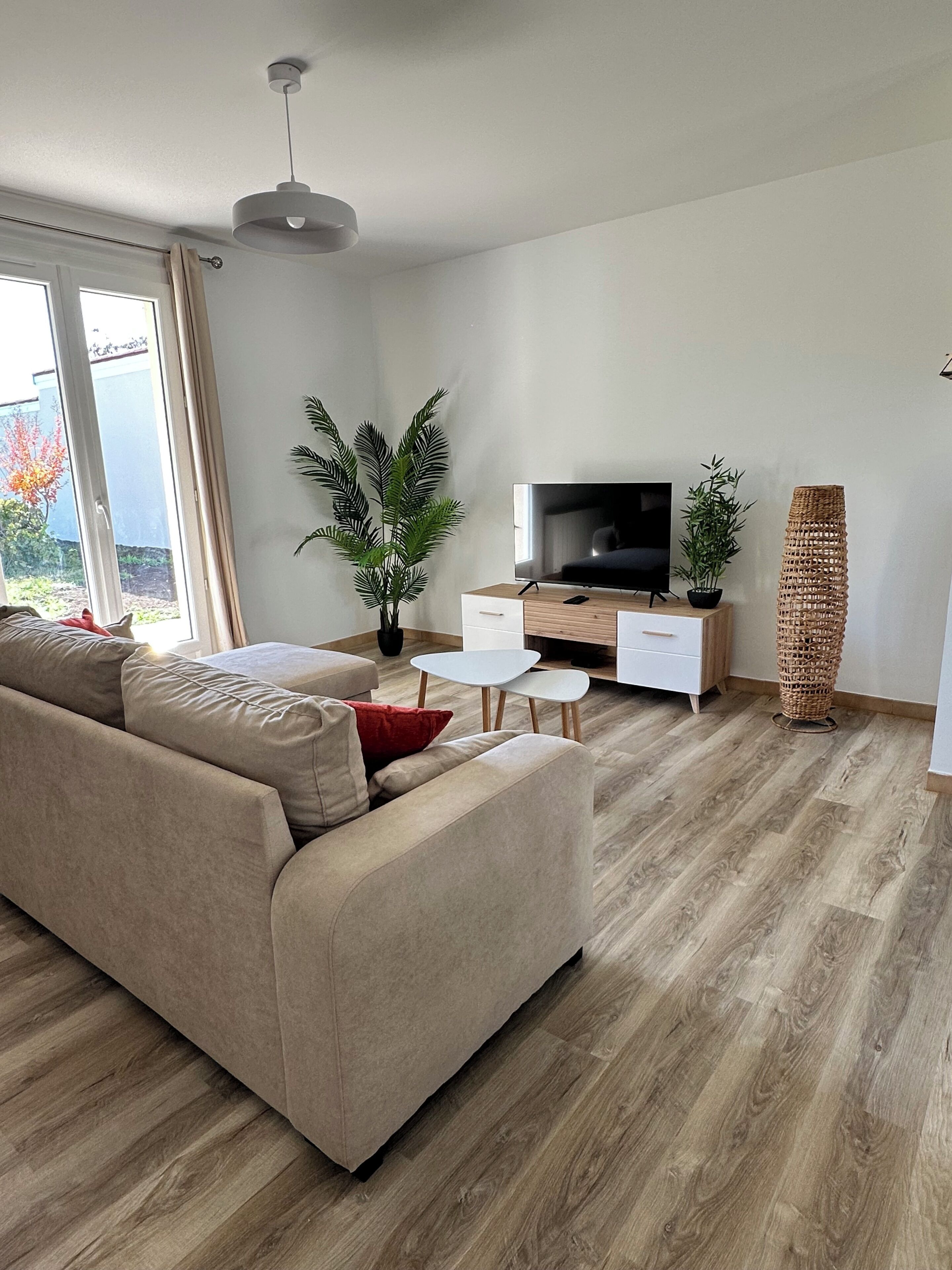 A modern living room with a sofa, TV, and plants.