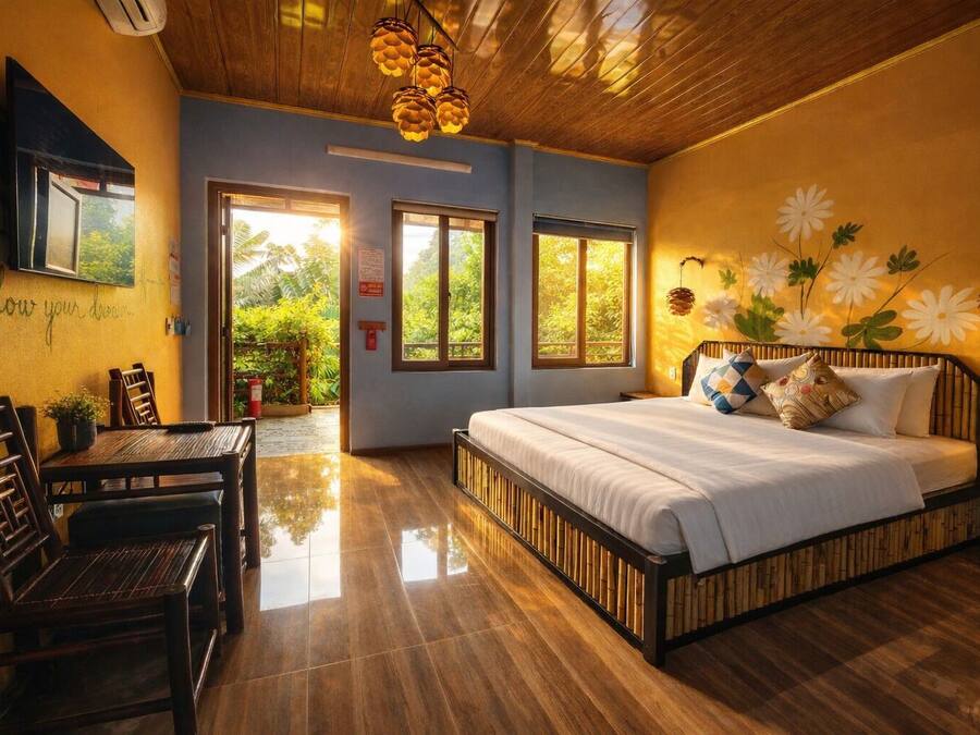 A room with a bed, a dining table, chairs, and a view of greenery outside.