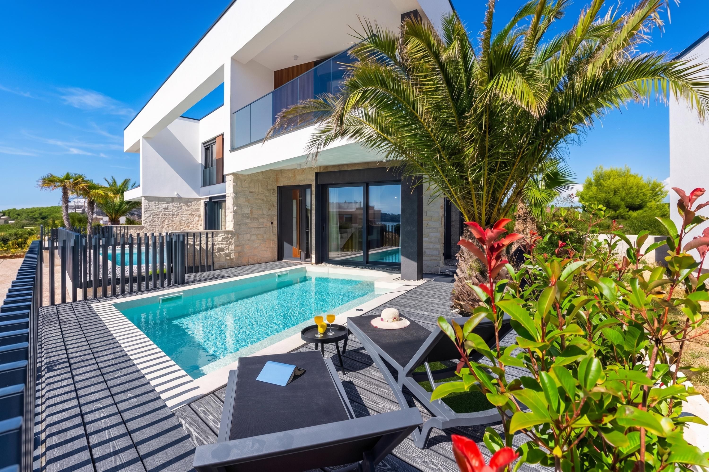 A modern house with a swimming pool, outdoor furniture, and lush greenery.