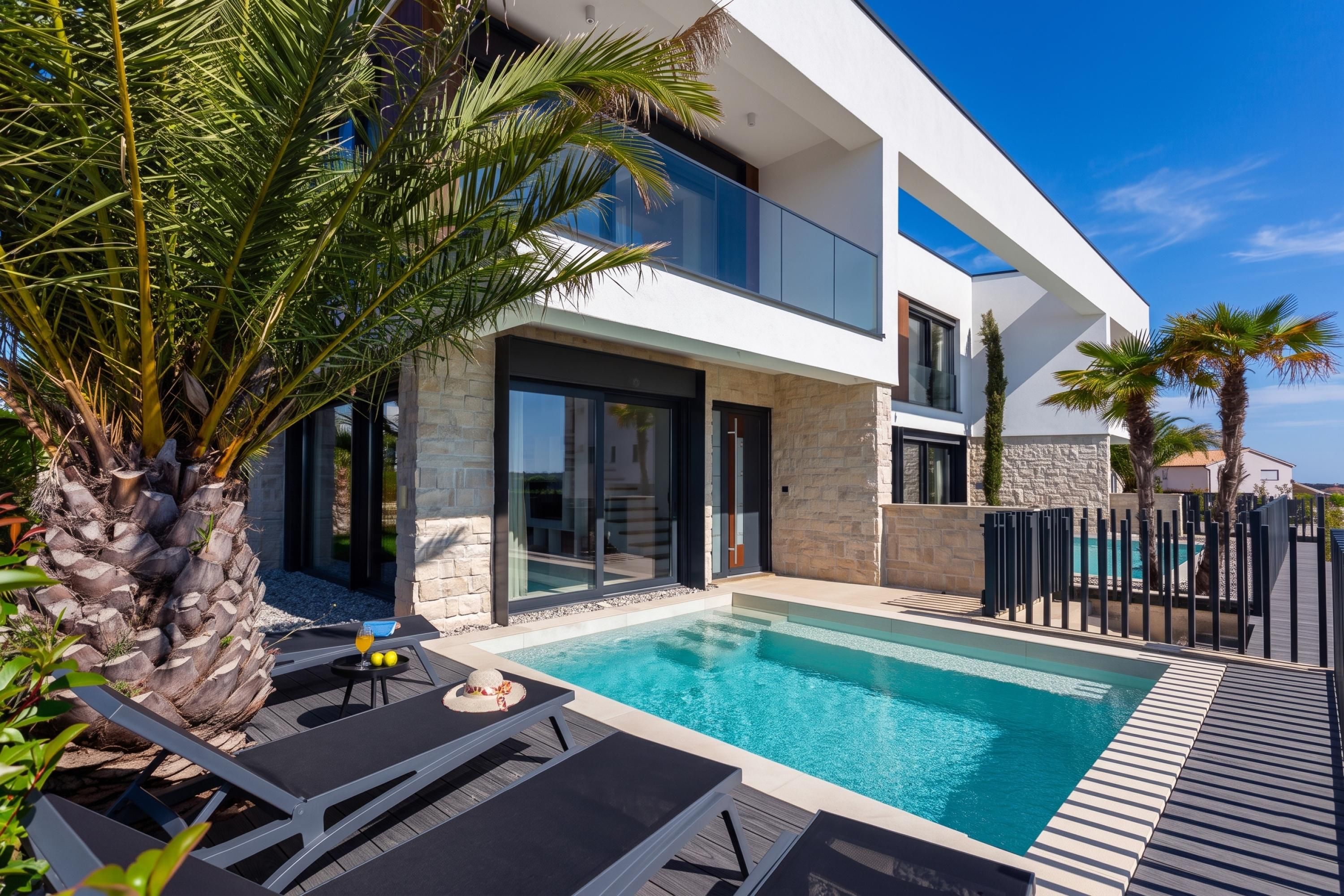 A modern house with a swimming pool, outdoor furniture, and palm trees.