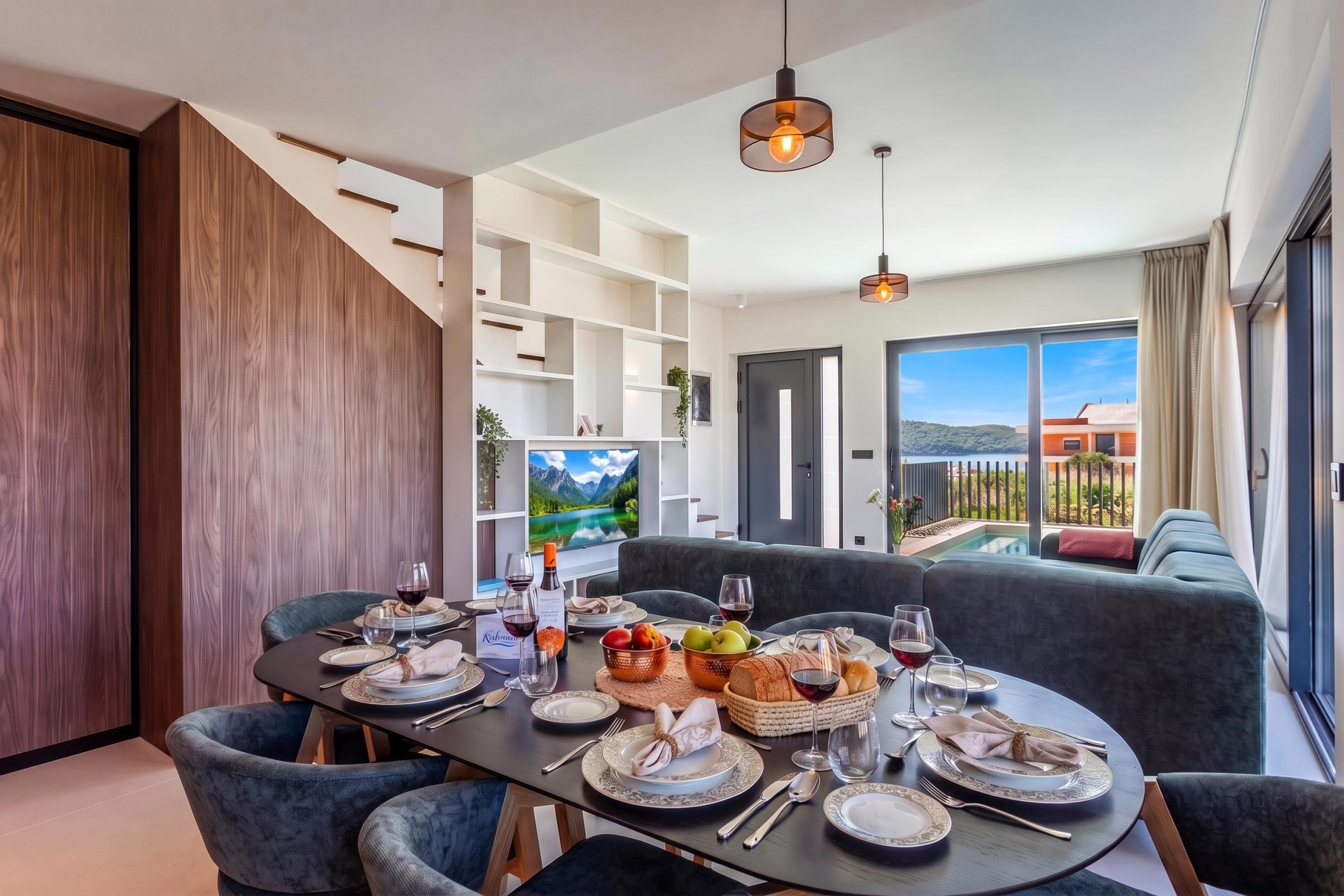 A dining area with a table set for four, a sofa, and a TV displaying a mountainous landscape.