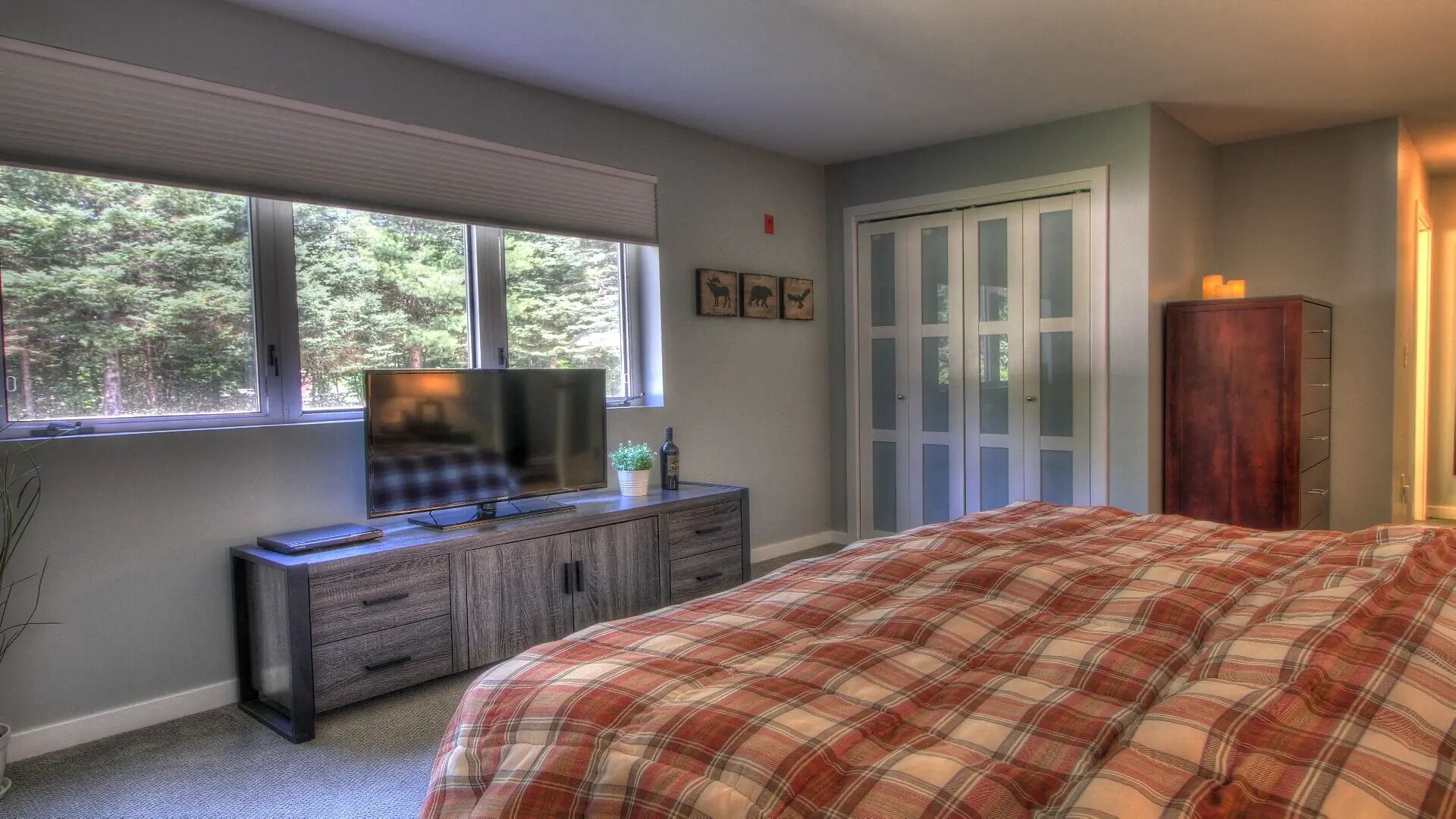 A bedroom with a bed, a dresser, a television, a window, and a door.