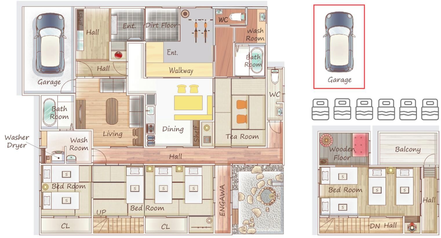 Planta baixa de um hotel com garagem, vários quartos, área de jantar e sala de estar.