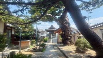 A traditional Japanese garden with a pathway, stone lanterns, and a large tree.