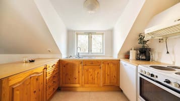 Een koelkast, een oven, een kookplaat, een vaatwasser