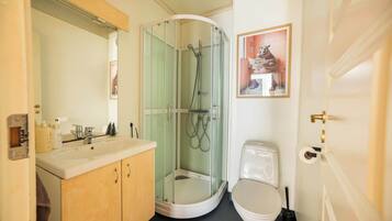 Shower, hair dryer, towels, shampoo