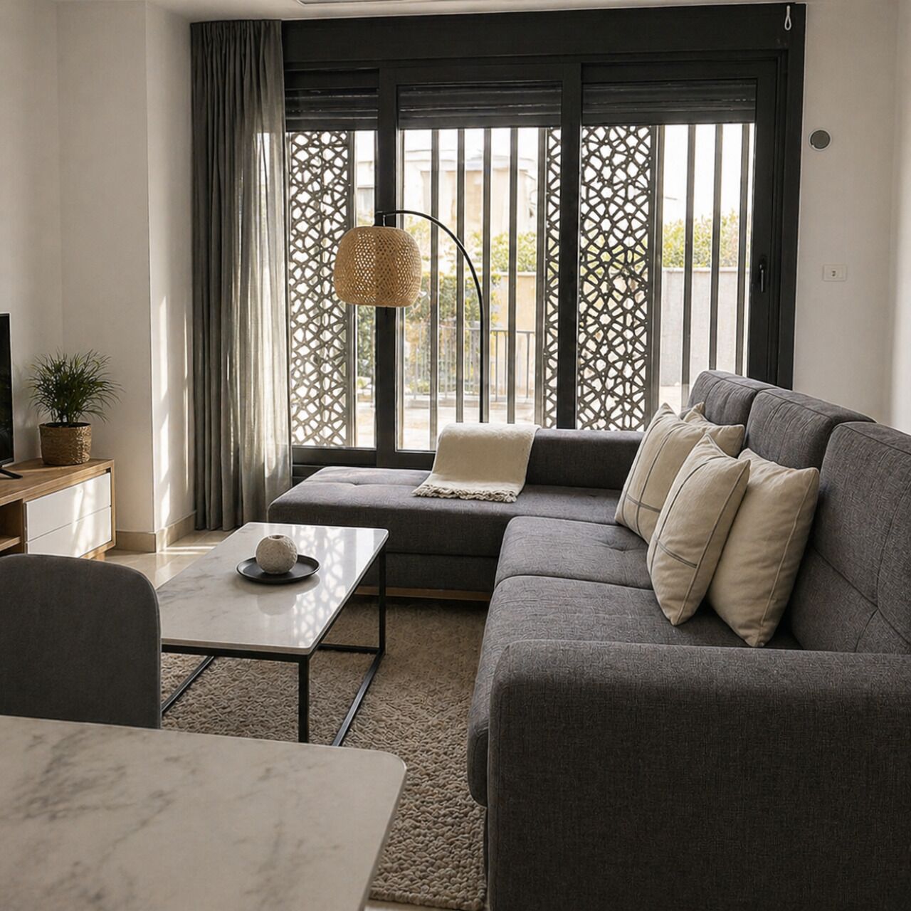 Ein modernes Wohnzimmer mit einem grauen Sofa, einem Couchtisch und einem Fernseher auf einem Holzboden.