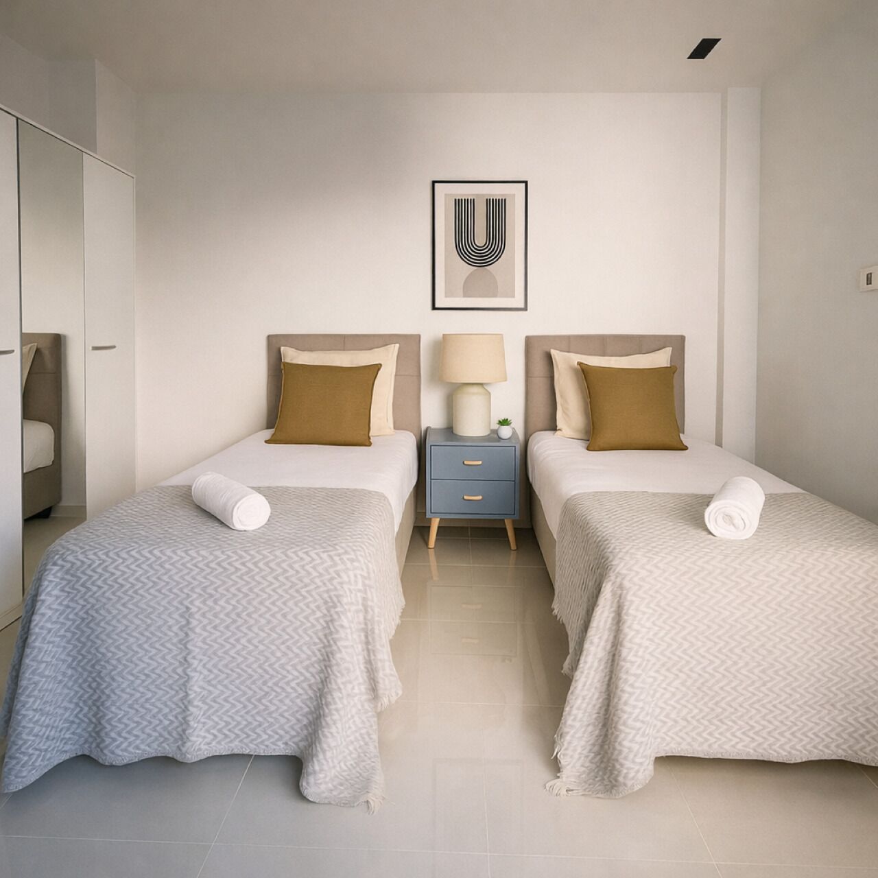 A hotel room with two beds, a nightstand with a lamp, a framed picture on the wall, and a wardrobe.