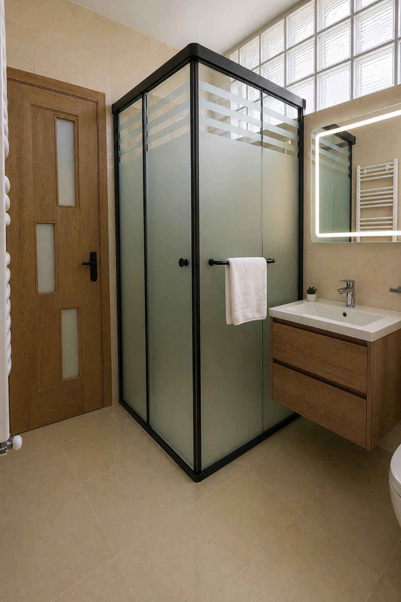 A bathroom with a glass shower enclosure, a wooden door, a white sink, and a mirror.