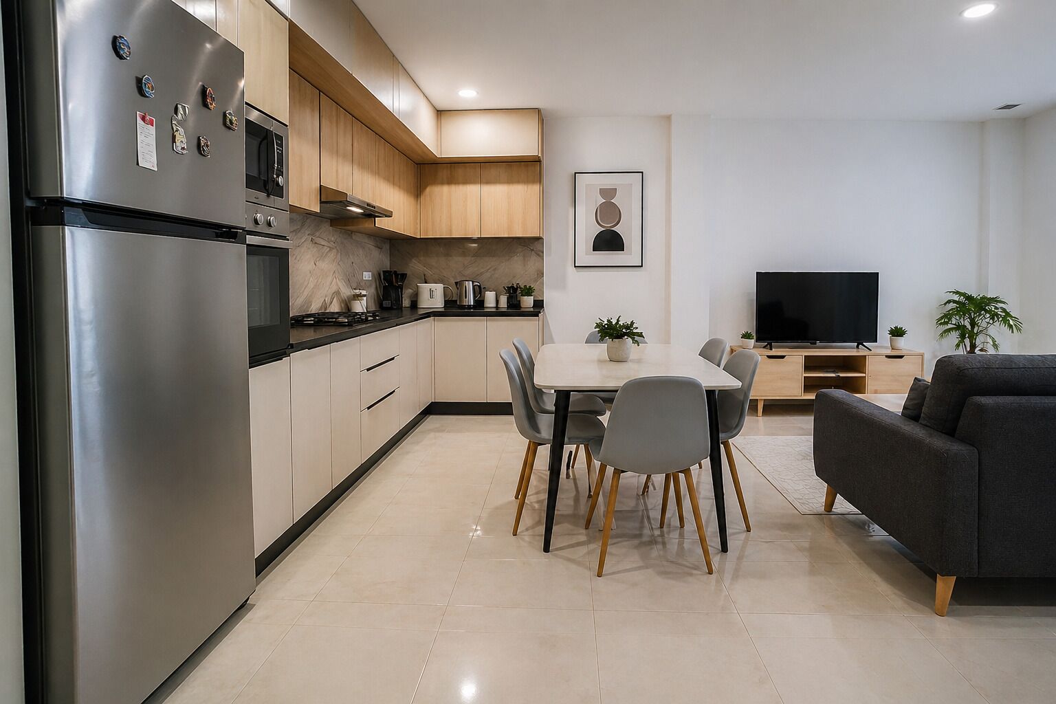 A modern kitchen with a refrigerator, stove, and microwave. There is a dining table with chairs and a sofa in the living area.