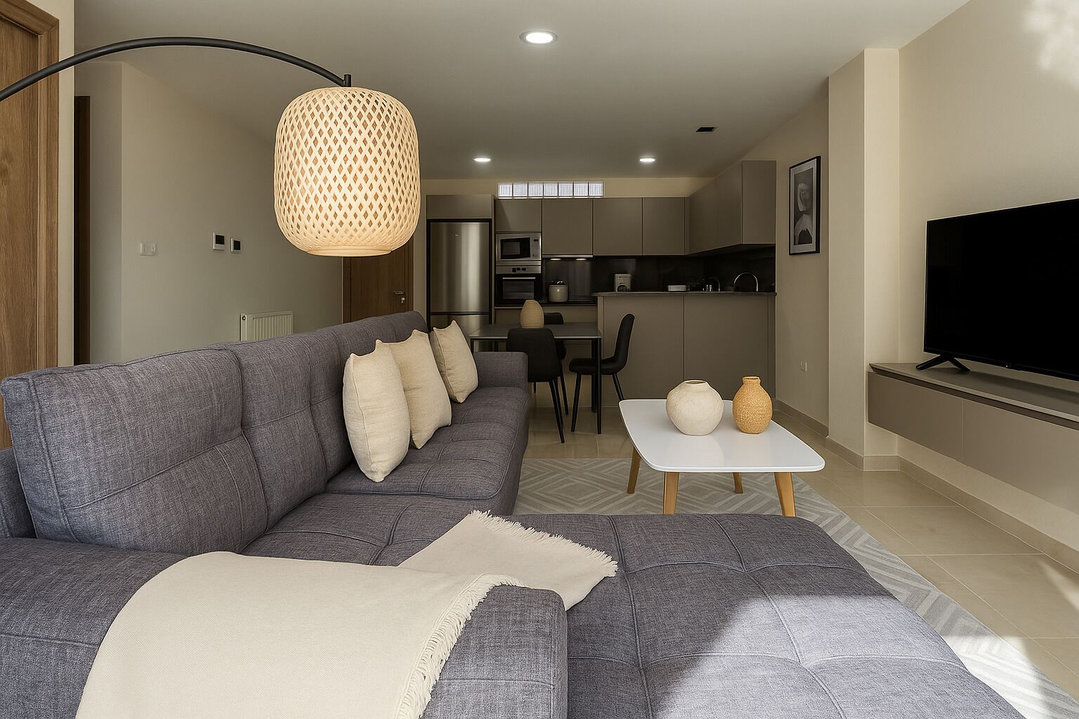 Een moderne woonkamer met een grijze bank, een witte salontafel en een televisie.