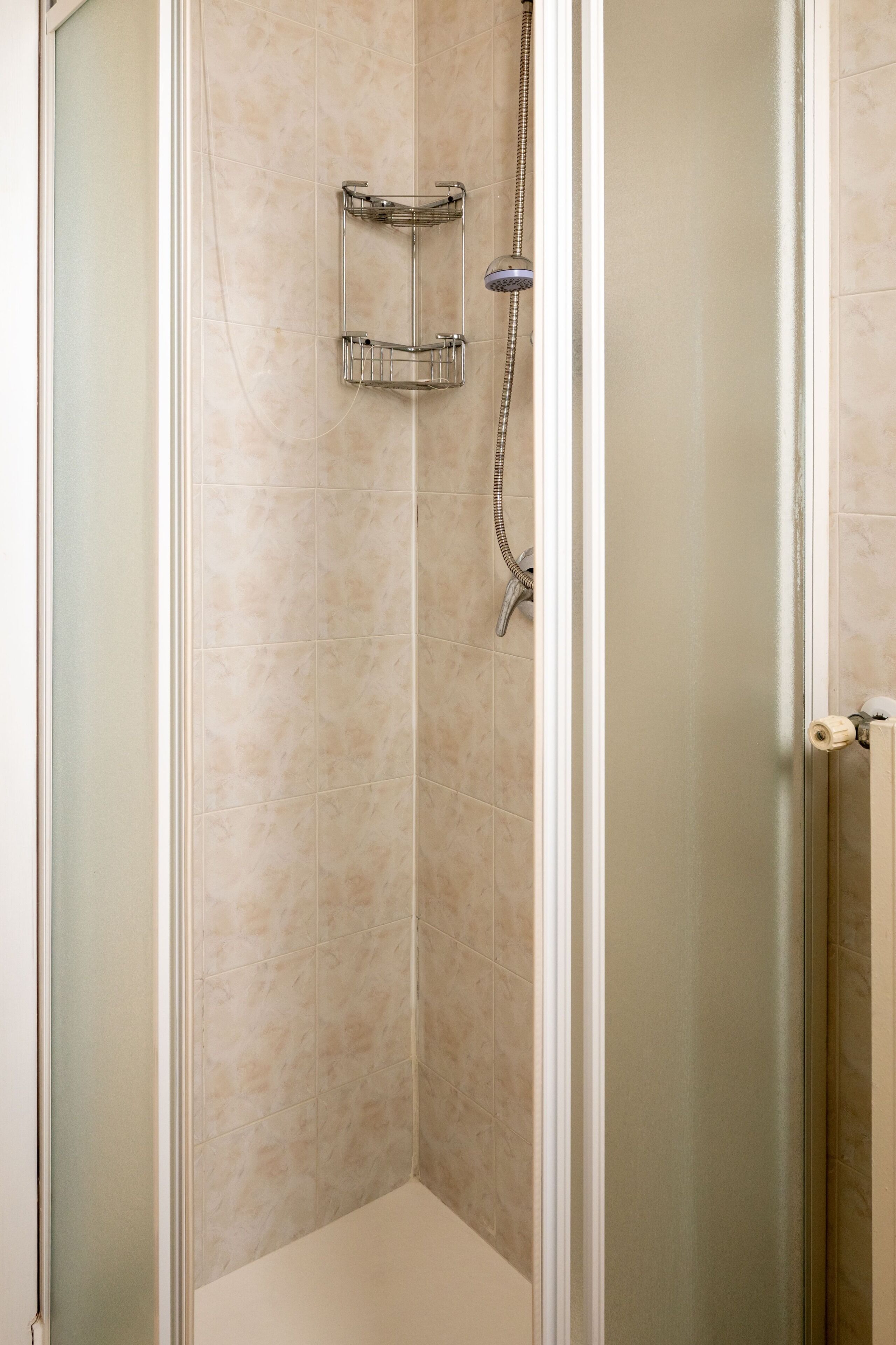 Une cabine de douche fermée par des parois en verre, dotée d’un pommeau de douche à main et d’un robinet fixé au mur.