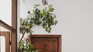 A wooden door with a doormat, a hanging lantern, and a potted plant. - TIBERIM Exclusive Rome (Rome)