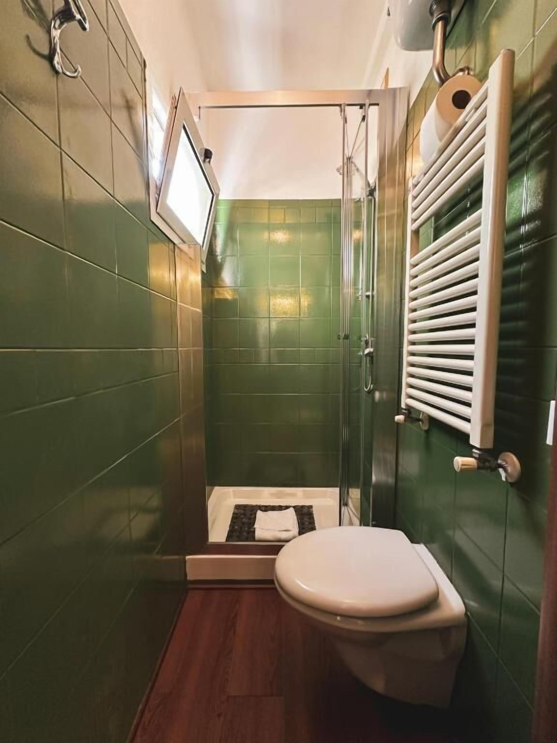 A small bathroom with a toilet, a shower, and a mirror.