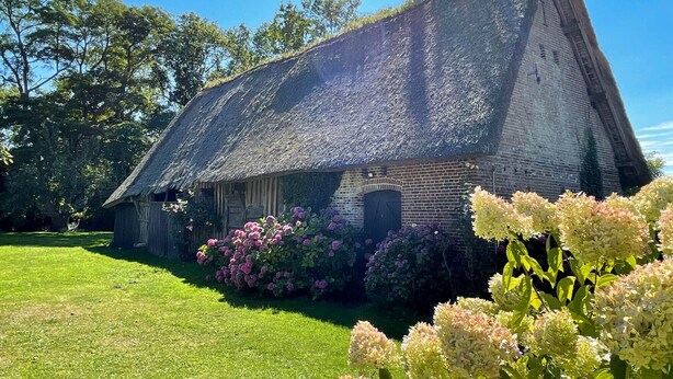 A traditional thatched-roof house with a brick base, surrounded by well-maintained gardens and trees. - Le Clos de Leger, a charming hamlet (Le Mesnil-Durdent)