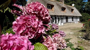 A thatched-roof house with a garden in front. - Le Clos de Leger, a charming hamlet (Le Mesnil-Durdent)