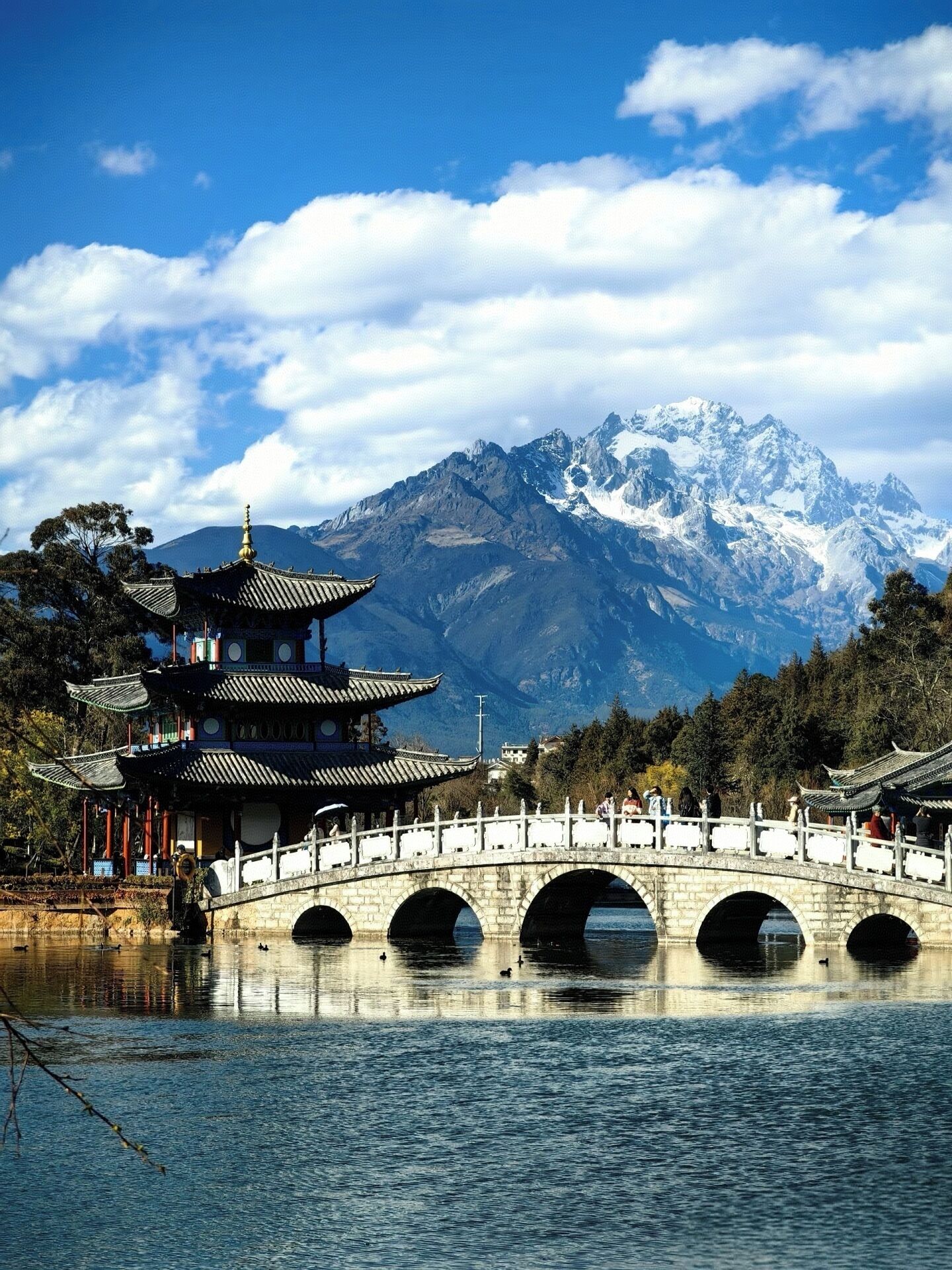 A traditional multi-tiered pagoda with a stone bridge in front.