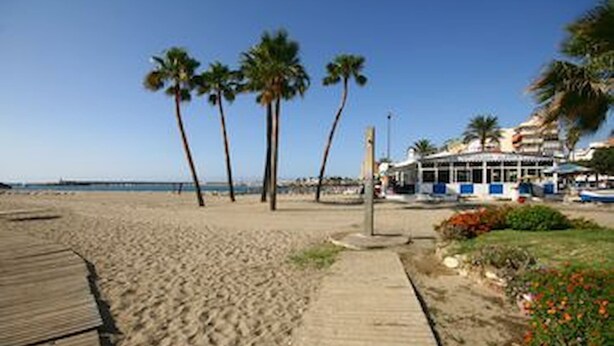 Ein Strand mit Palmen, einer Holzpromenade und einem Gebäude mit blauen Markisen.
