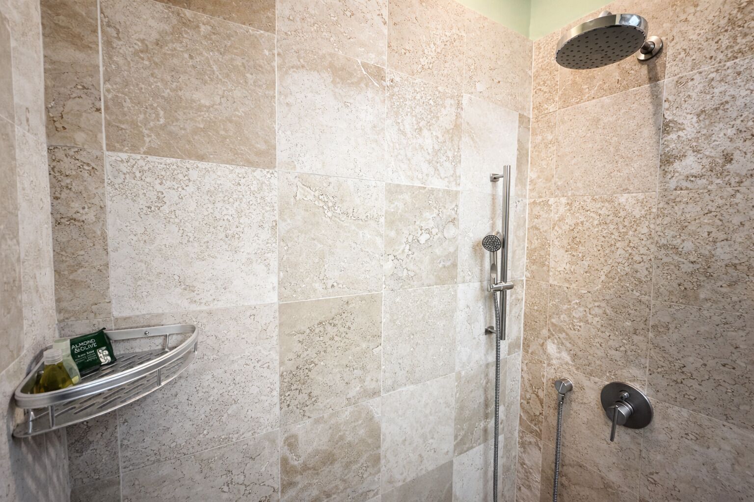 Dusche mit Handbrause, Wandarmatur und Handtuchhalter mit Lotionflasche.