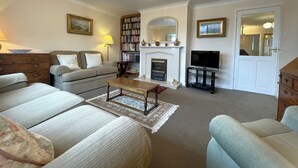 Una sala de estar con chimenea, televisión, sofá y estantería.