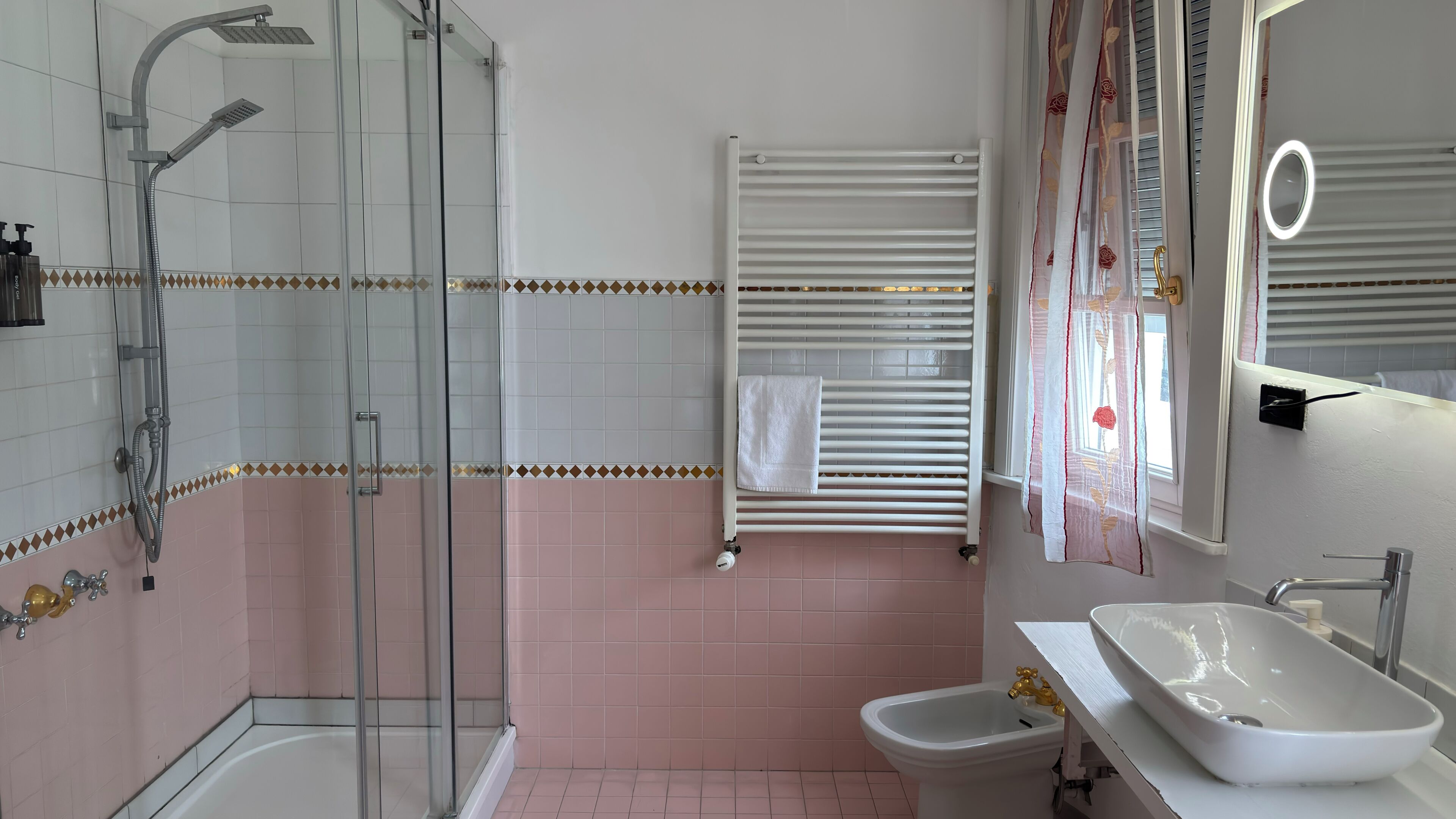 A bathroom with a glass shower enclosure, a bidet, a sink, and a mirror with a light.