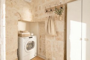 Un área de lavandería con lavadora, una toalla colgada y una planta en la pared.