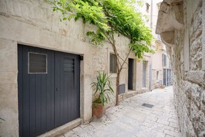 Une ruelle étroite, pavée de pierres, avec une porte sombre, un pot de fleurs et un arbre aux feuilles vertes.