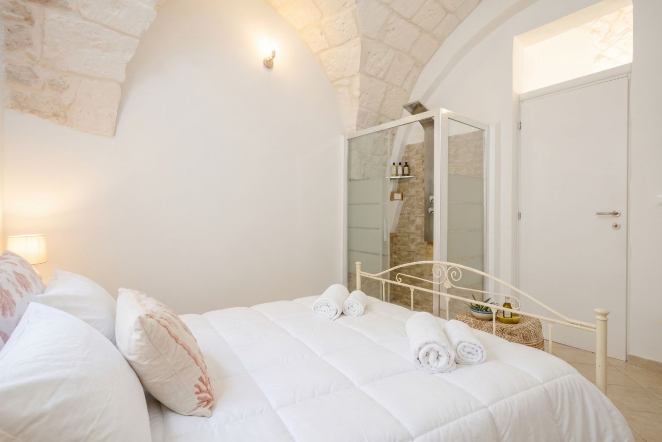 Een slaapkamer met een bed, een stenen muur, een douchecabine van glas en een witte deur.