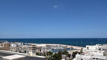 A coastal cityscape with a marina, buildings with balconies, and a clear blue sky.