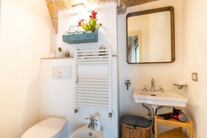 Shower, bidet, towels, shampoo