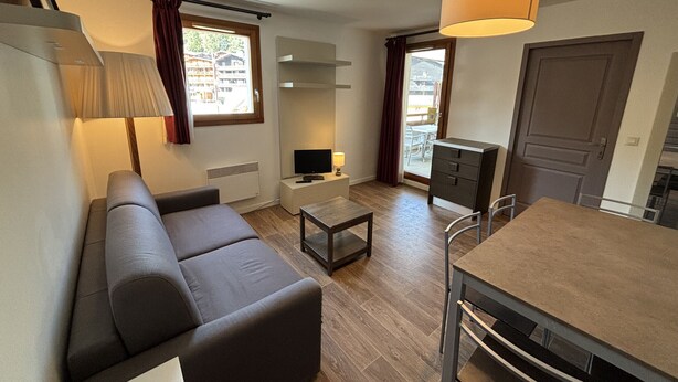 A compact living space with a sofa, a small table, a TV, a lamp, and a dining area.