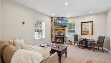 Smart TV, fireplace, books