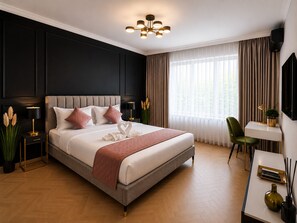 Memory-foam beds, desk, laptop workspace, blackout curtains - Metropole Apartments Signature Suite (Bucharest)