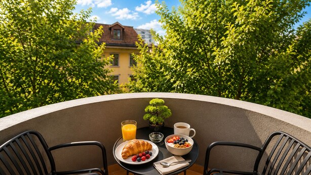 Varanda com mesa posta para o café da manhã, incluindo croissants, frutas e bebidas, cercada por vegetação exuberante e um edifício ao fundo.