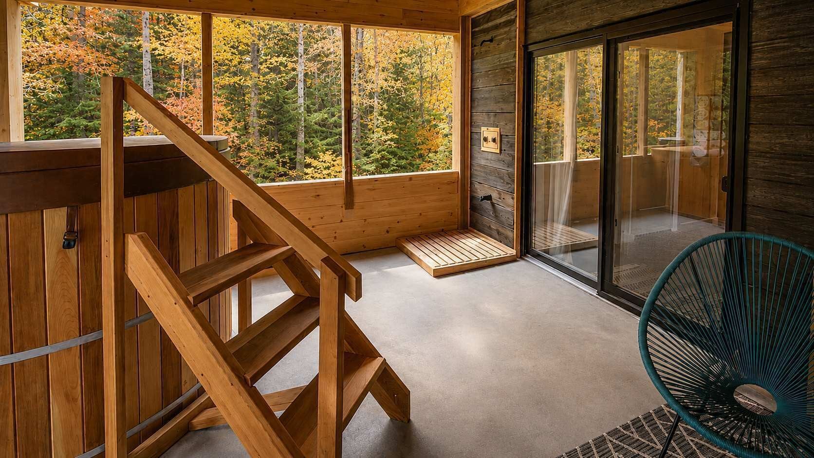 A wooden interior with a staircase, a glass door leading outside, and a chair.