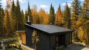 A modern cabin with a dark exterior, a chimney, and a small porch area.