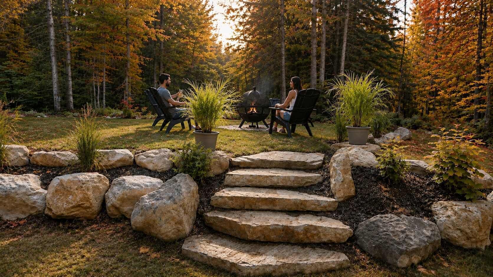 A stone pathway leading to a seating area surrounded by rocks and plants, with a forest in the background.