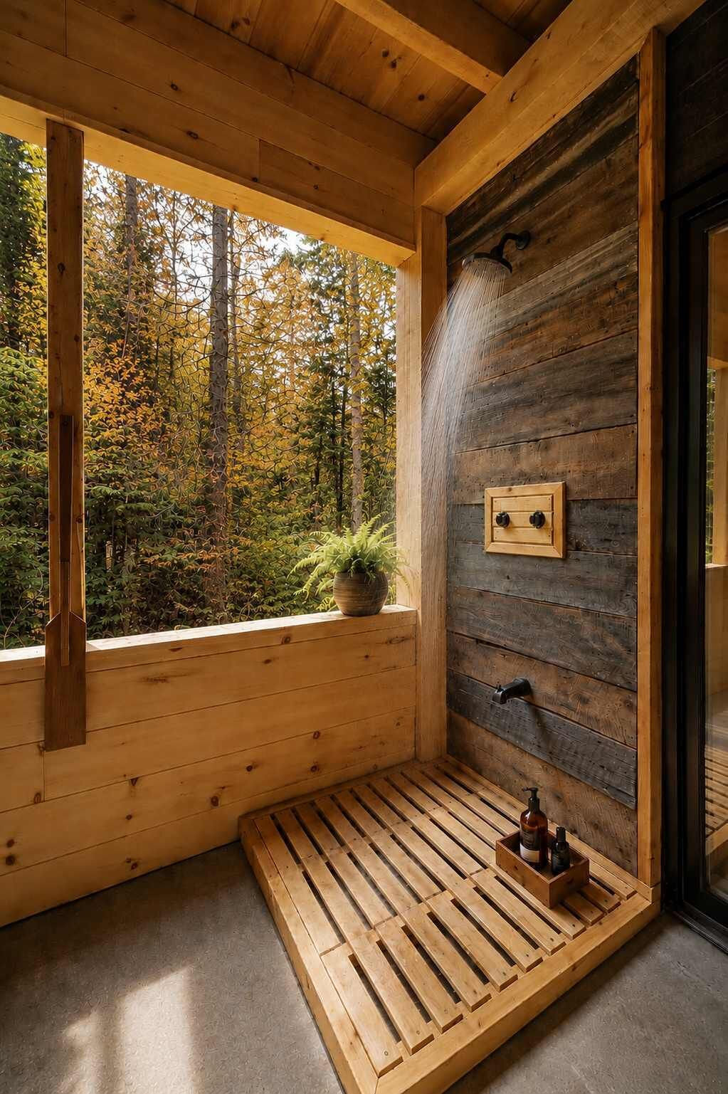 A wooden sauna with a window, a wooden bench, and a wall-mounted faucet.