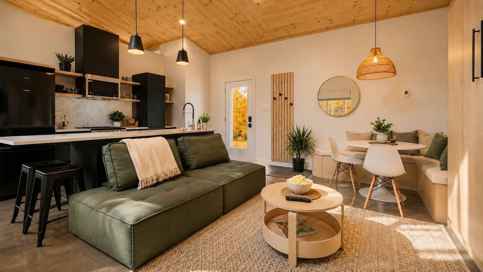 A modern living space with a sofa, coffee table, and a dining area.
