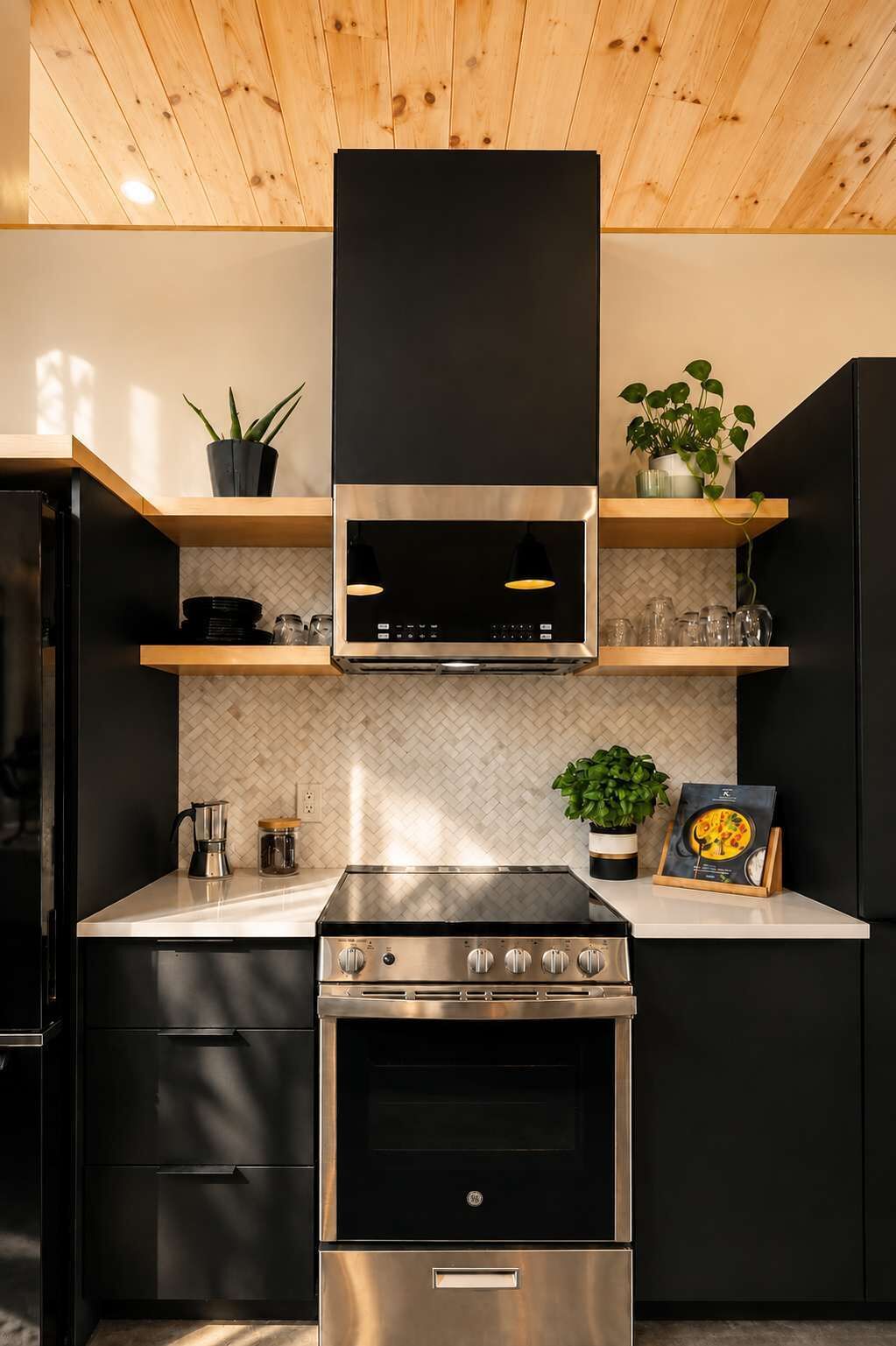 Uma cozinha moderna com fogão, forno e micro-ondas embutidos de aço inoxidável.
