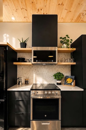 Une cuisine moderne équipée d’une cuisinière, d’un four et d’un four à micro-ondes encastrés, le tout en acier inoxydable.