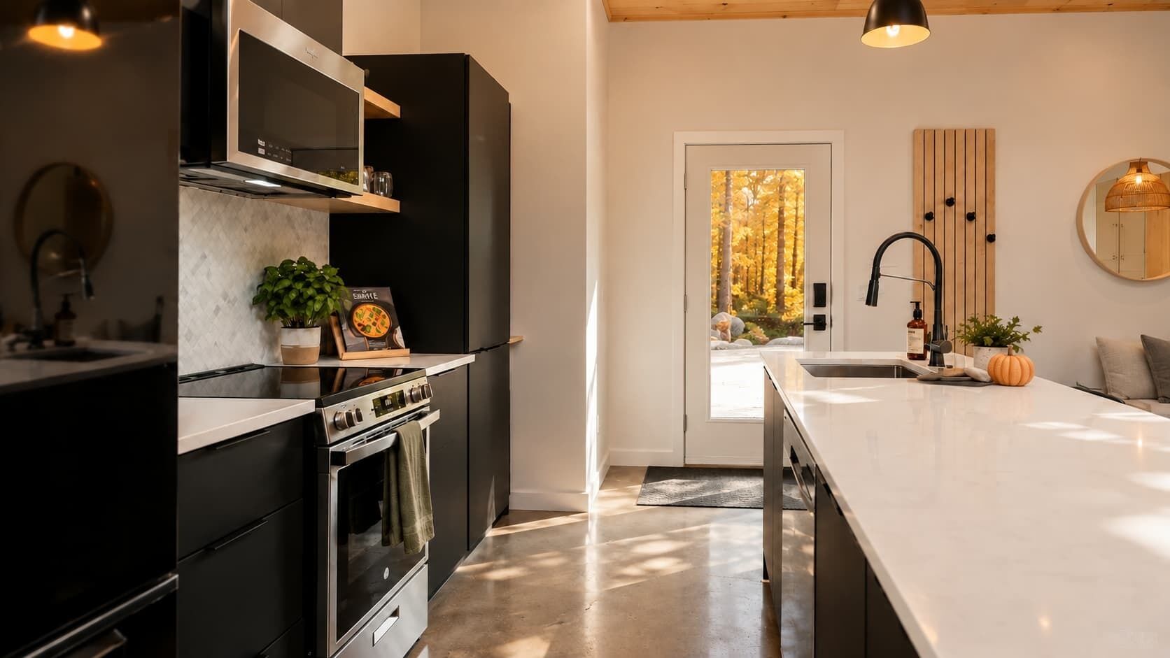 A modern kitchen with a large island, black cabinetry, and a view of a forest through a glass door.