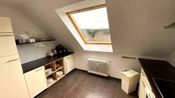 Apartamento clássico, vista para a montanha | Cozinha privada | Geladeira, micro-ondas, fogão, cooktop