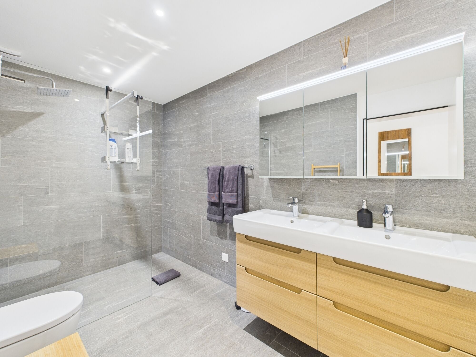 Dusj, hårføner, håndklær og såpe