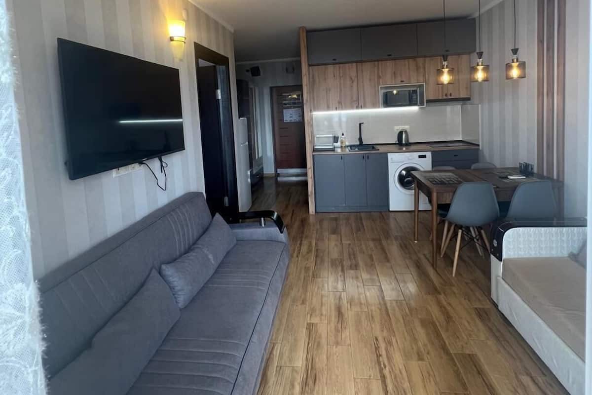 A modern living room with a grey sofa, a flat-screen TV, and a kitchen area with wooden cabinets and pendant lighting.