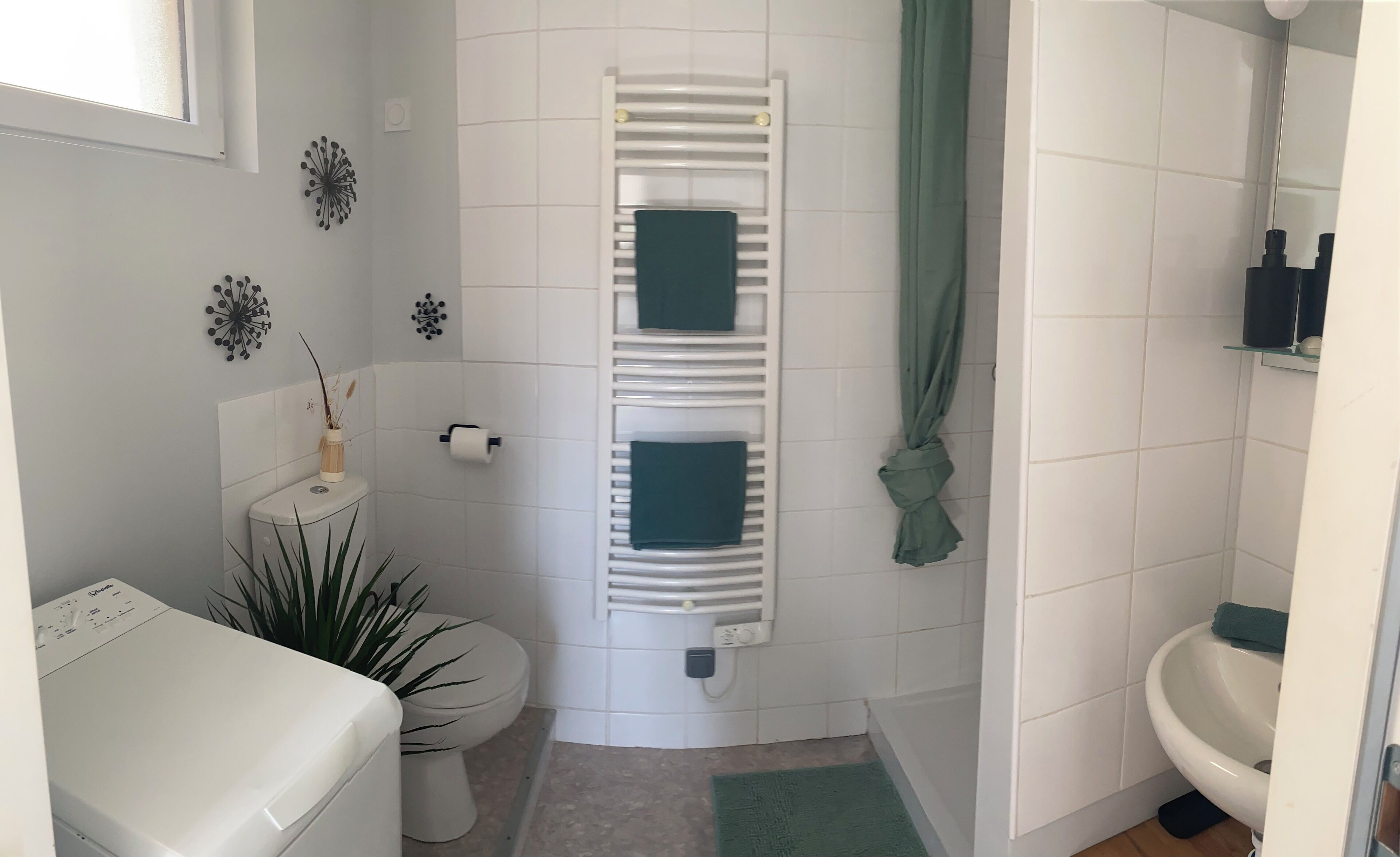 Shower, towels, soap, toilet paper